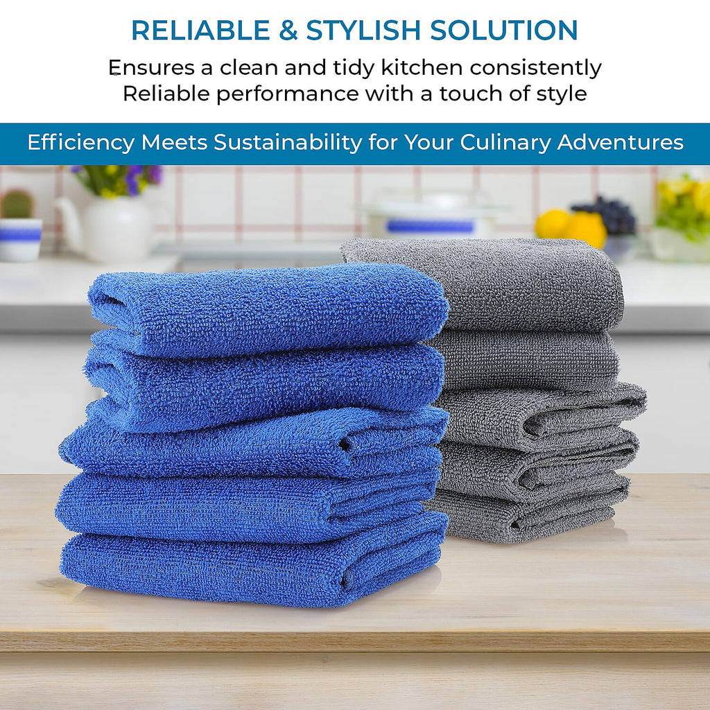 Set of 10 Micro Terry Dish Cloths (Size 60x40 cm) - Blue - Grey