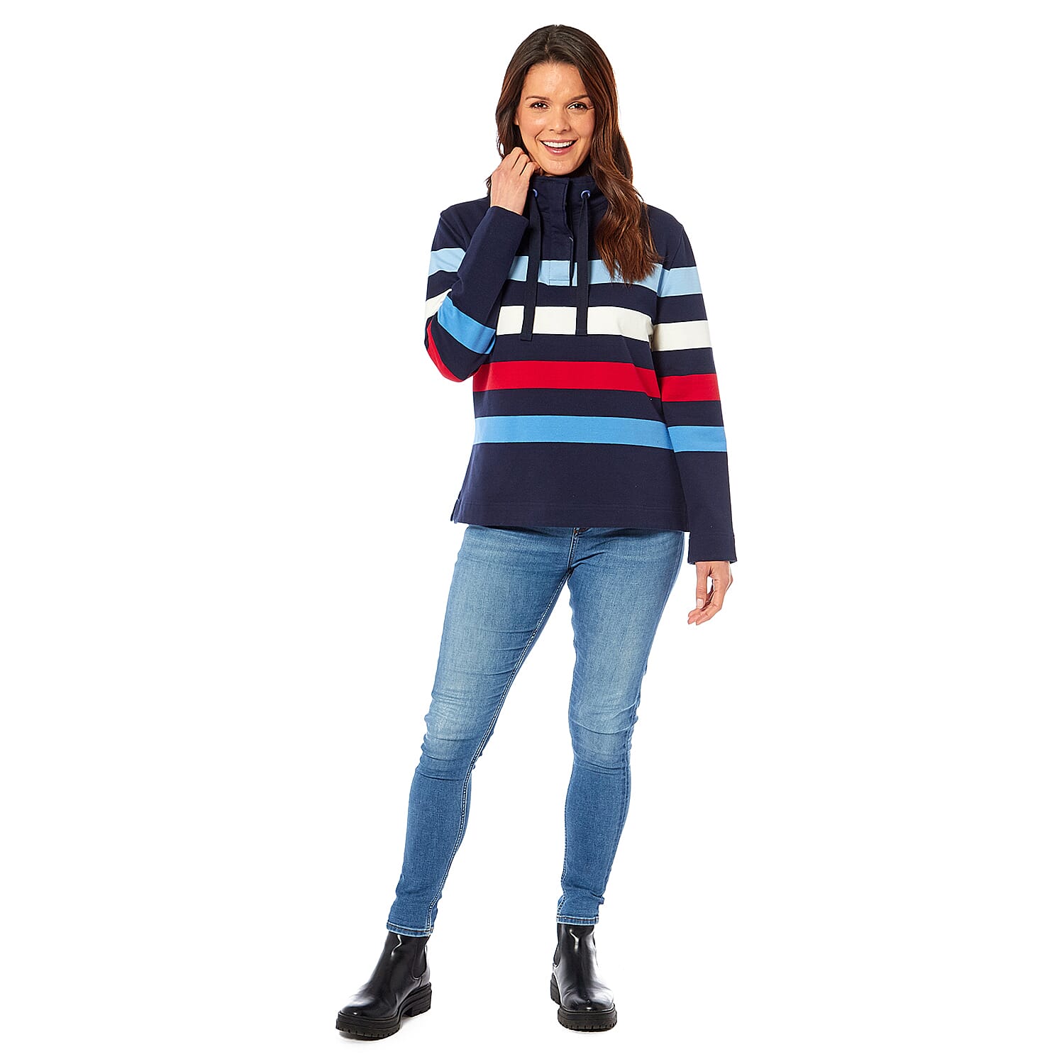 Ladies Cotton Wide Striped Sweat Shirt (Size 18) - Navy Blue and Multi