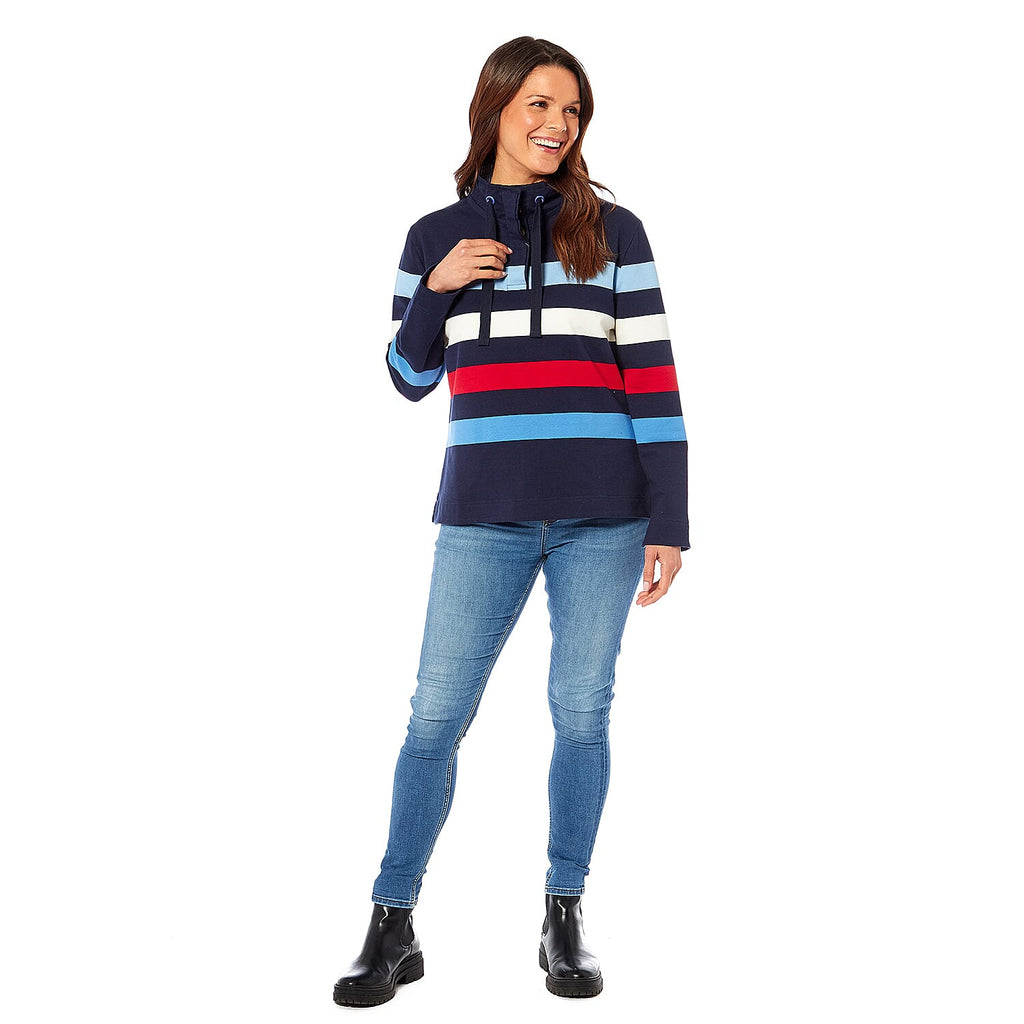 Ladies Cotton Wide Striped Sweat Shirt (Size 18) - Navy Blue and Multi