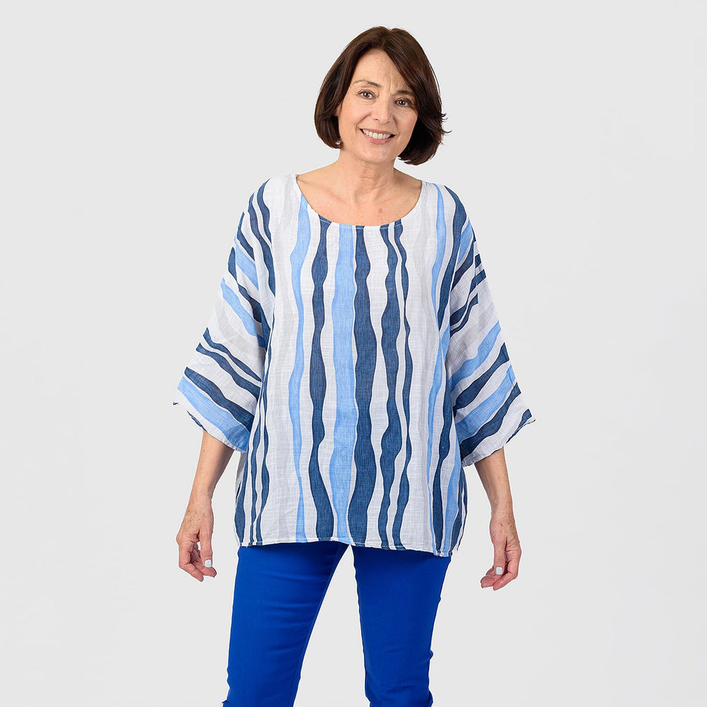 Mudflower 100% Cotton Abstract Stripe Pattern Top (One Size) - Blue