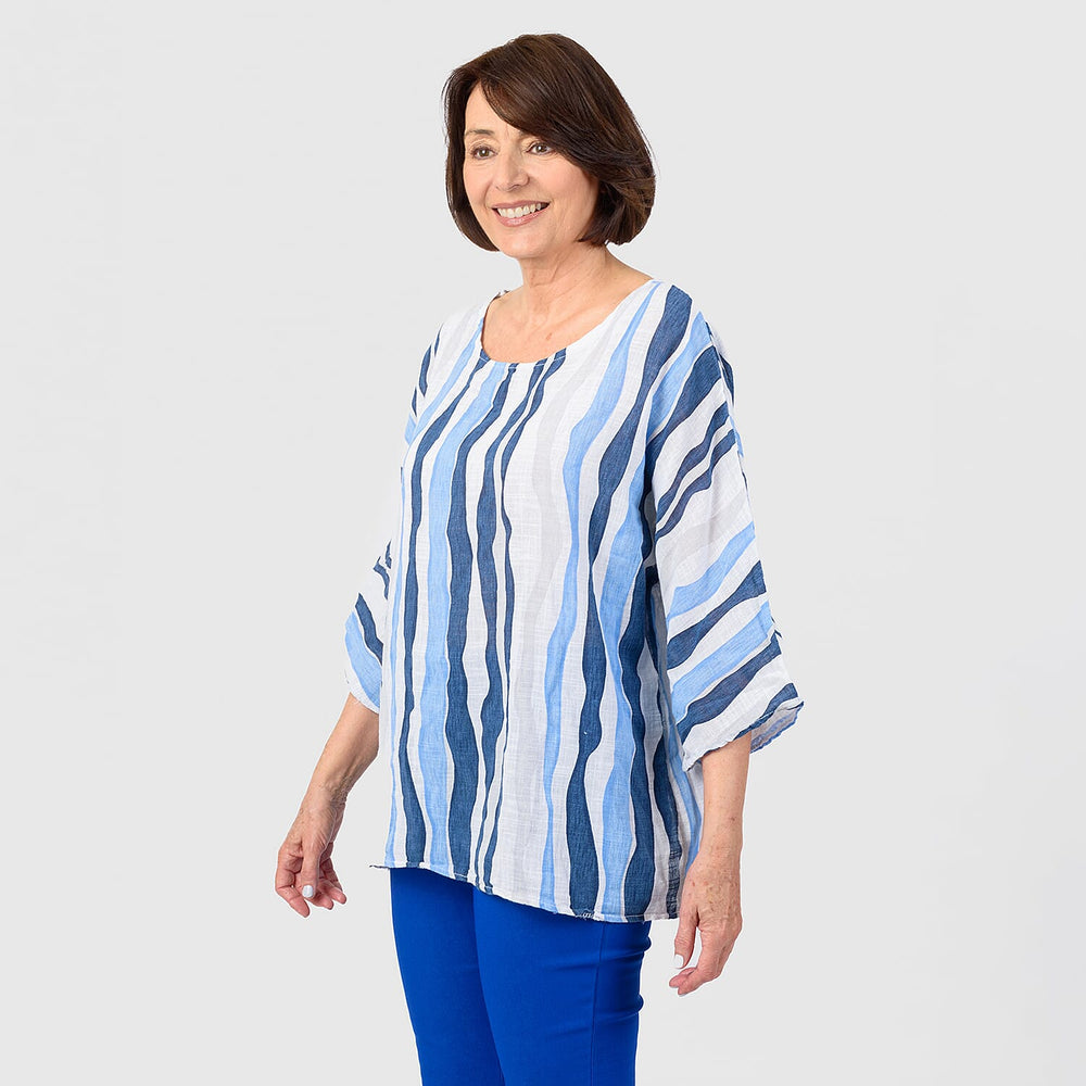 Mudflower 100% Cotton Abstract Stripe Pattern Top (One Size) - Blue