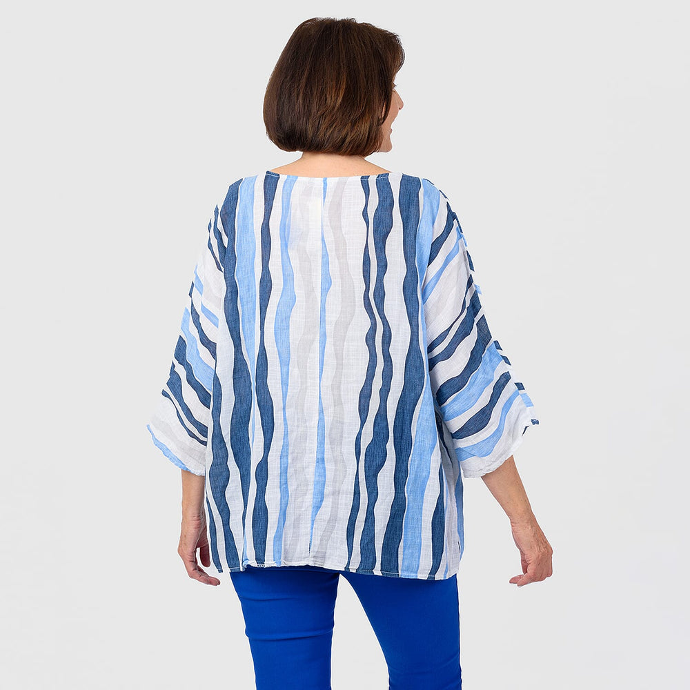 Mudflower 100% Cotton Abstract Stripe Pattern Top (One Size) - Blue