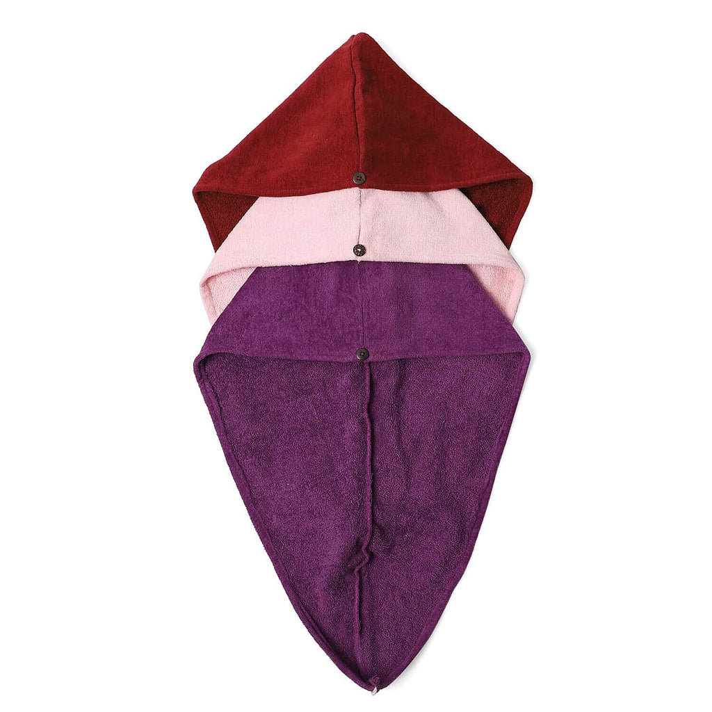 Set of 3 Hair Drying Cotton Wrap Towel (24x10 cm)- Pink, Purple and Red