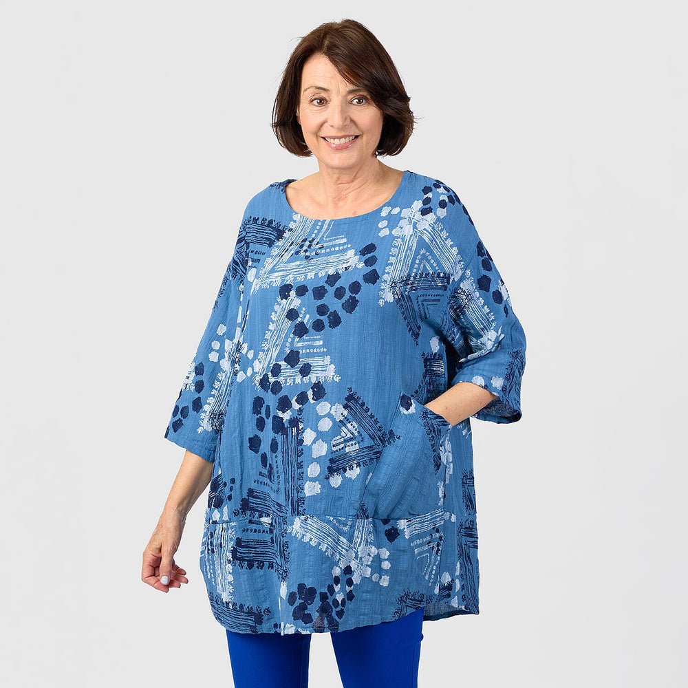 Mudflower 100% Cotton Tunic Top with Pocket (One Size) - Denim