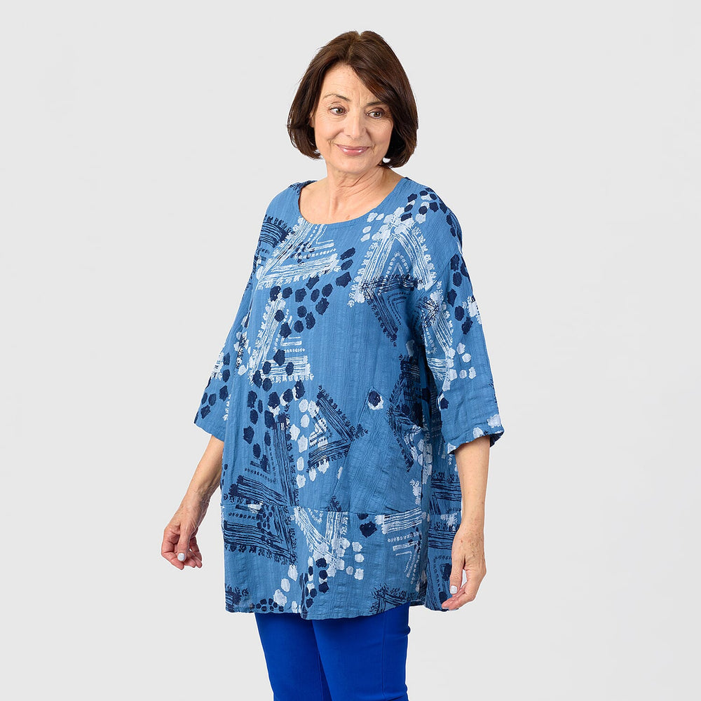 Mudflower 100% Cotton Tunic Top with Pocket (One Size) - Denim