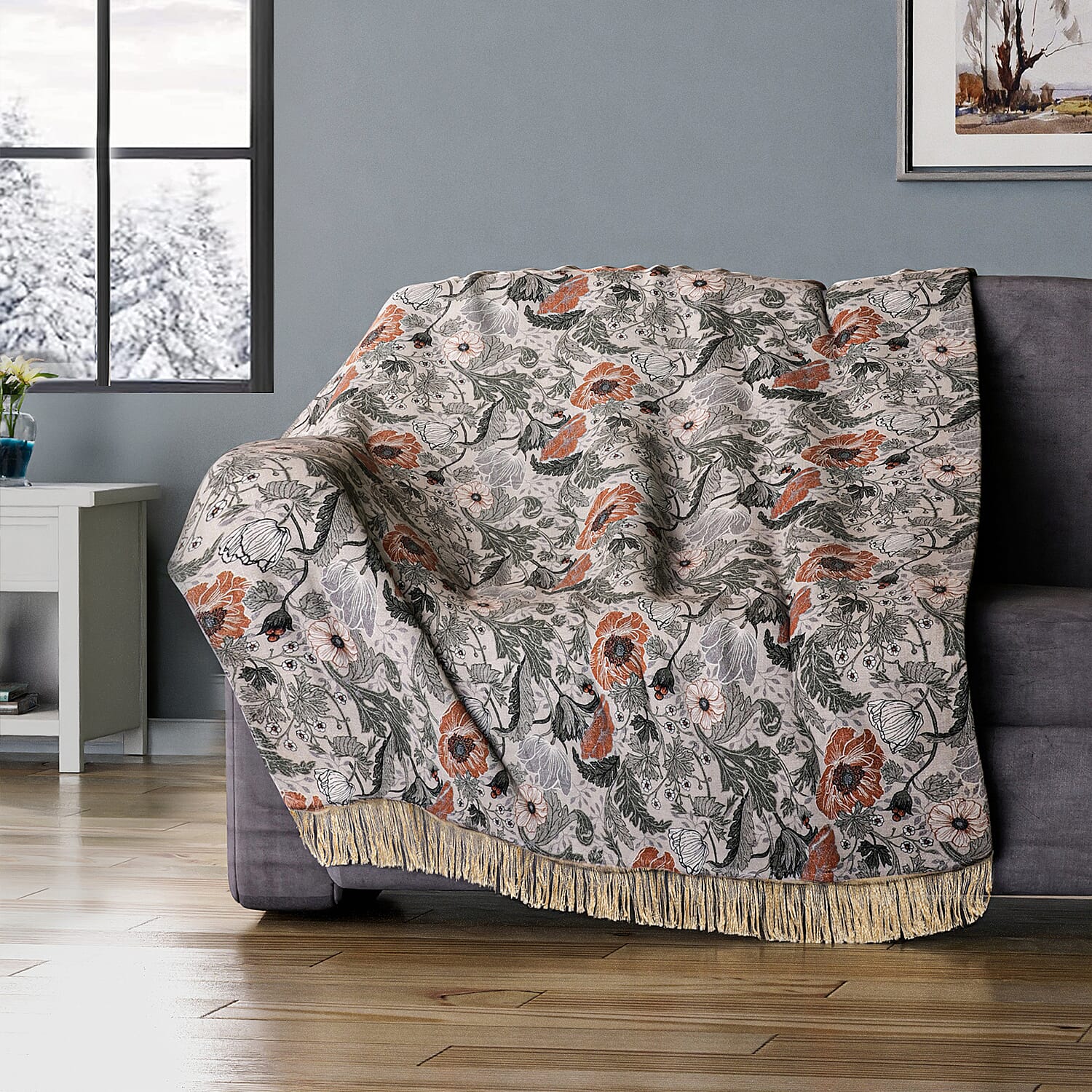 100% Cotton Woven Floral Printed Throw (Size 180x130 cm) - Cream - Multi