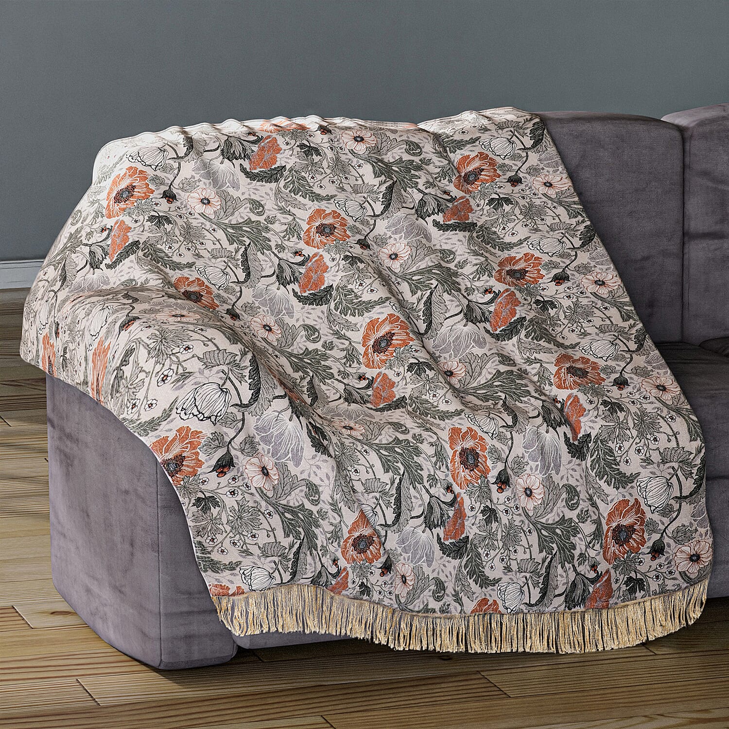 100% Cotton Woven Floral Printed Throw (Size 180x130 cm) - Cream - Multi