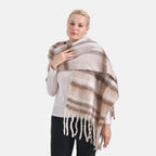 Cozy Checkered Woven Scarf with Fringes (Size 190x47cm) - Beige