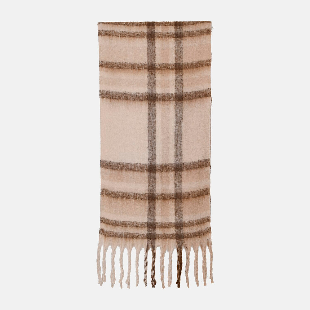 Cozy Checkered Woven Scarf with Fringes (Size 190x47cm) - Beige