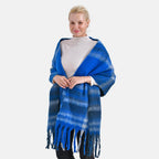Cozy Checkered Scarf with Fringes - Blue