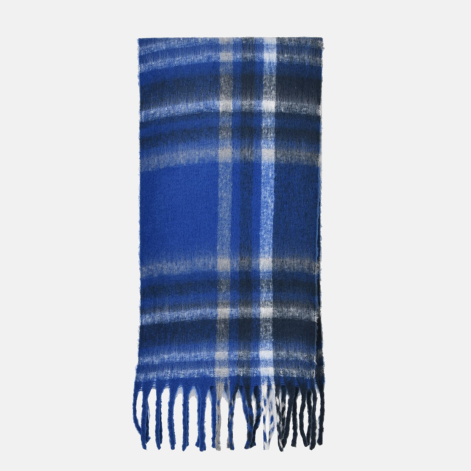 Cozy Checkered Scarf with Fringes - Blue