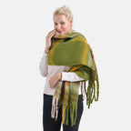 Cozy Checkered Winter Scarf with Fringes - Green