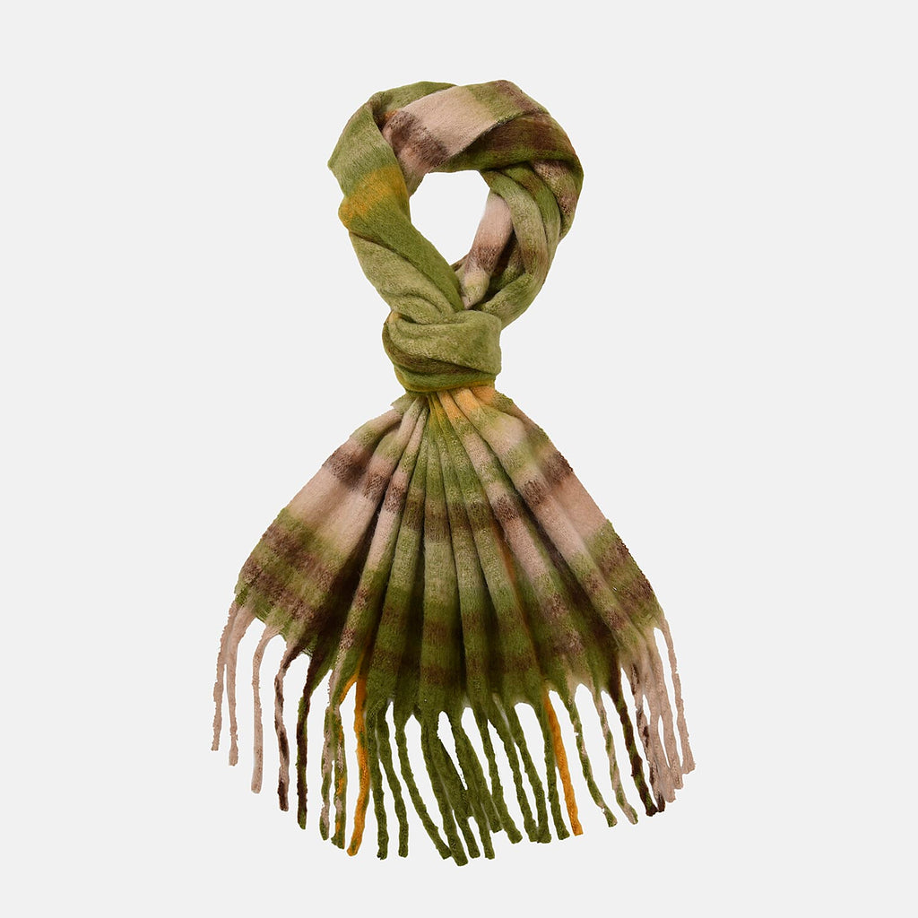 Cozy Checkered Winter Scarf with Fringes - Green