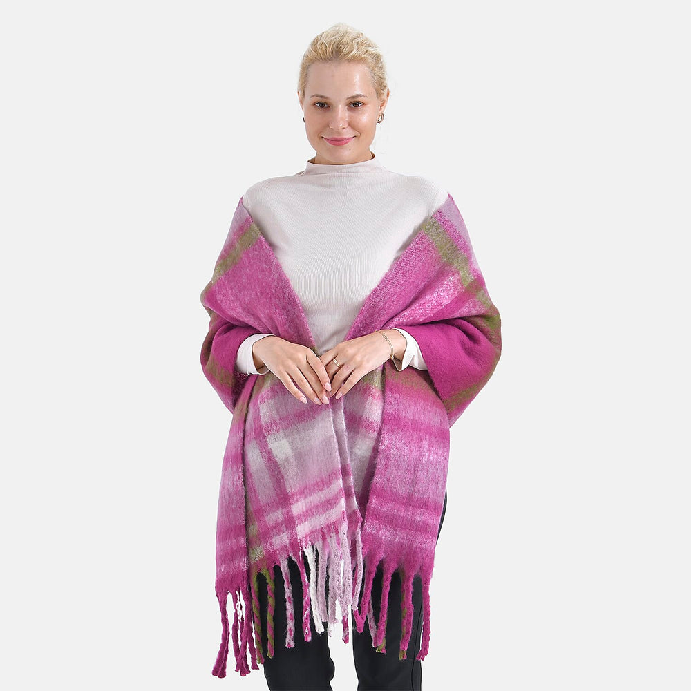 Cozy Checkered Winter Scarf with Fringes - Purple