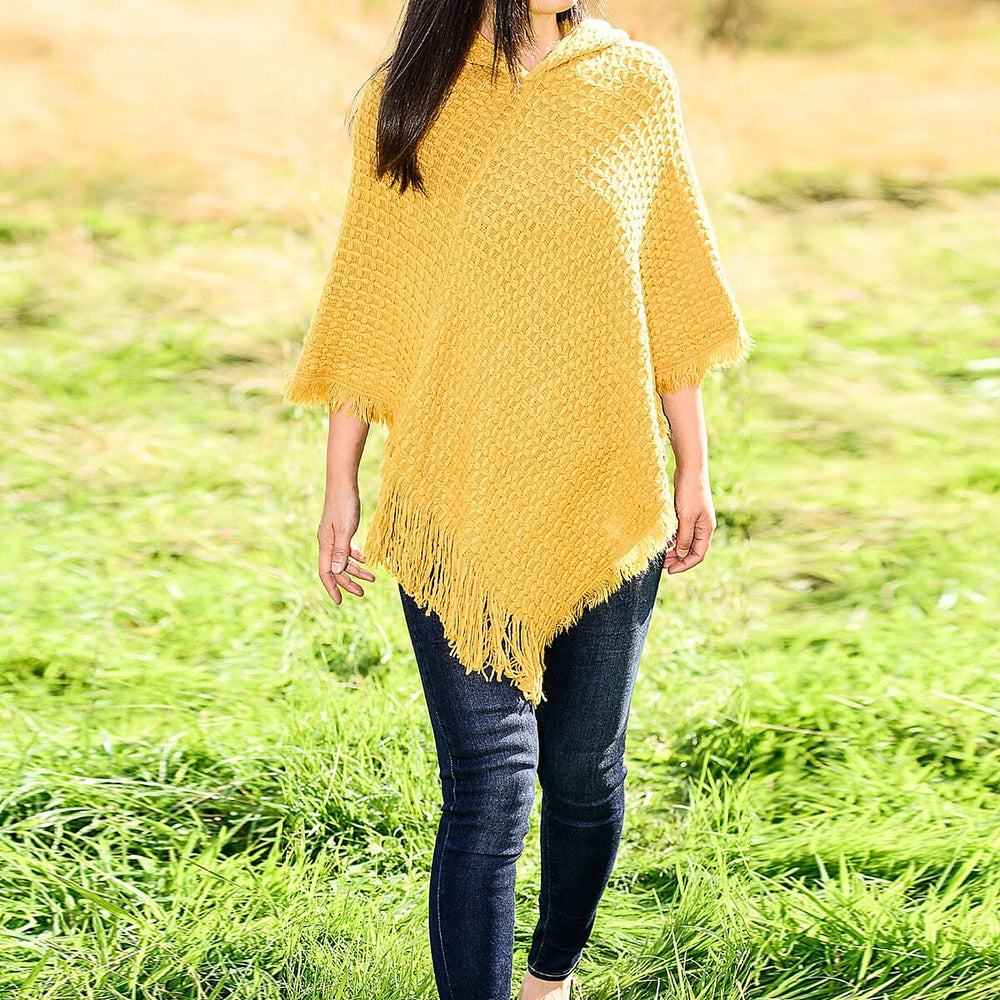 Cozy Knitted Hooded Poncho (One Size) - Mustard
