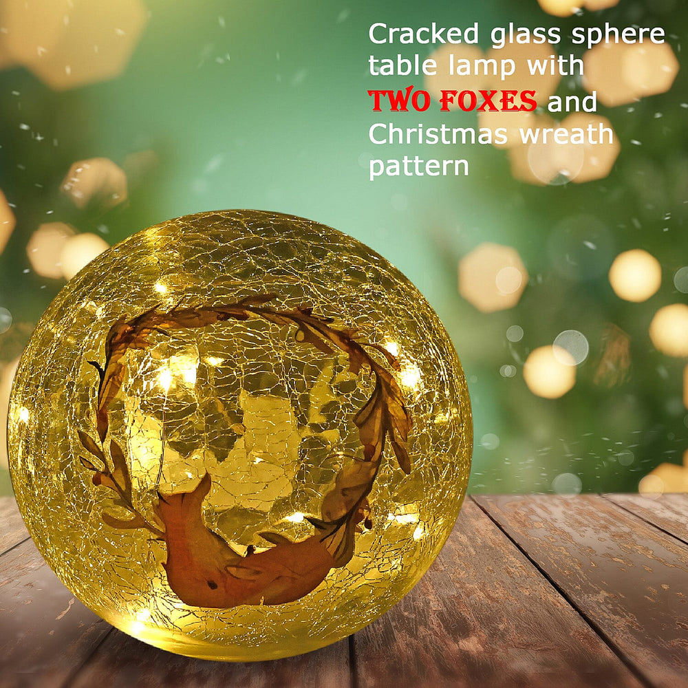 Cracked Glass Sphere Table Lamp with Foxes & Christmas Wreath Pattern (Size 15x15x14 Cm) - Multi