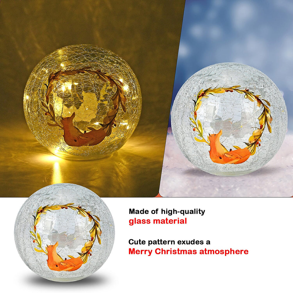 Cracked Glass Sphere Table Lamp with Foxes & Christmas Wreath Pattern (Size 15x15x14 Cm) - Multi