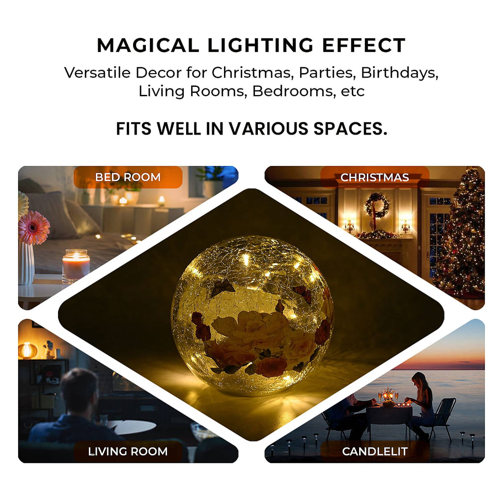 Cracked Glass Sphere Floral & Butterfly Pattern LED Copper Wire Table Lamp (10L) - Multi (Battery - 3XAAA Inc.)