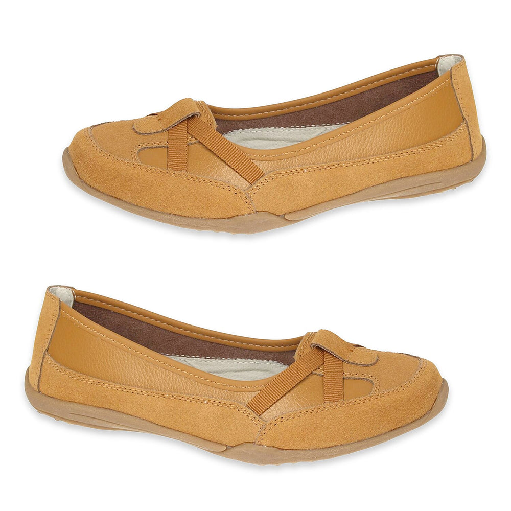 Down To Earth Ladies Action Leather Ballerina Shoes With Criss-Cross Elasticated Vamp Straps (Size - 3) - Tan