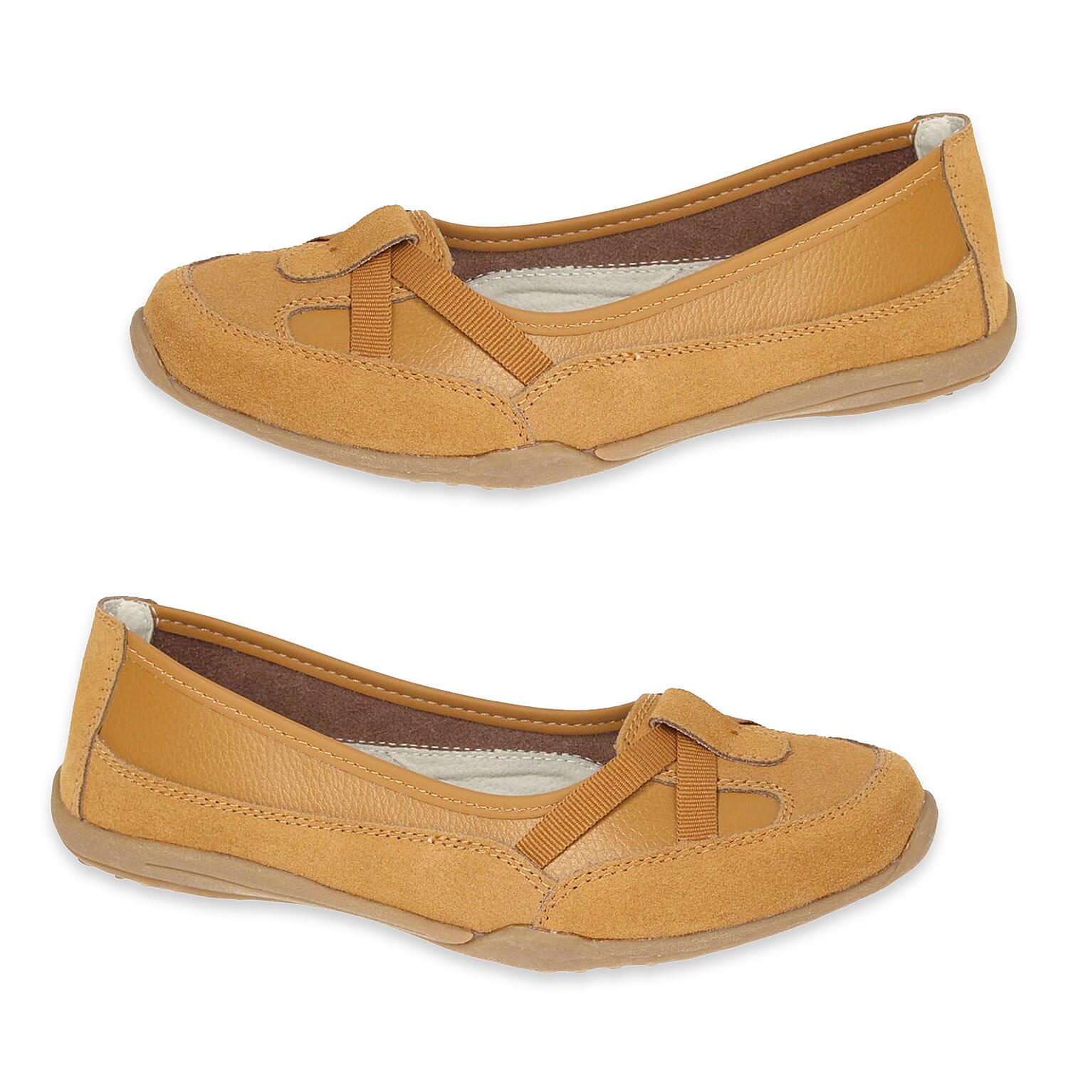Down To Earth Ladies Action Leather Ballerina Shoes With Criss-Cross Elasticated Vamp Straps (Size - 3) - Tan
