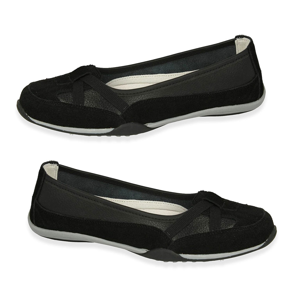 Down To Earth Ladies Action Leather Ballerina Shoes With Criss-Cross Elasticated Vamp Straps (Size - 8) - Black