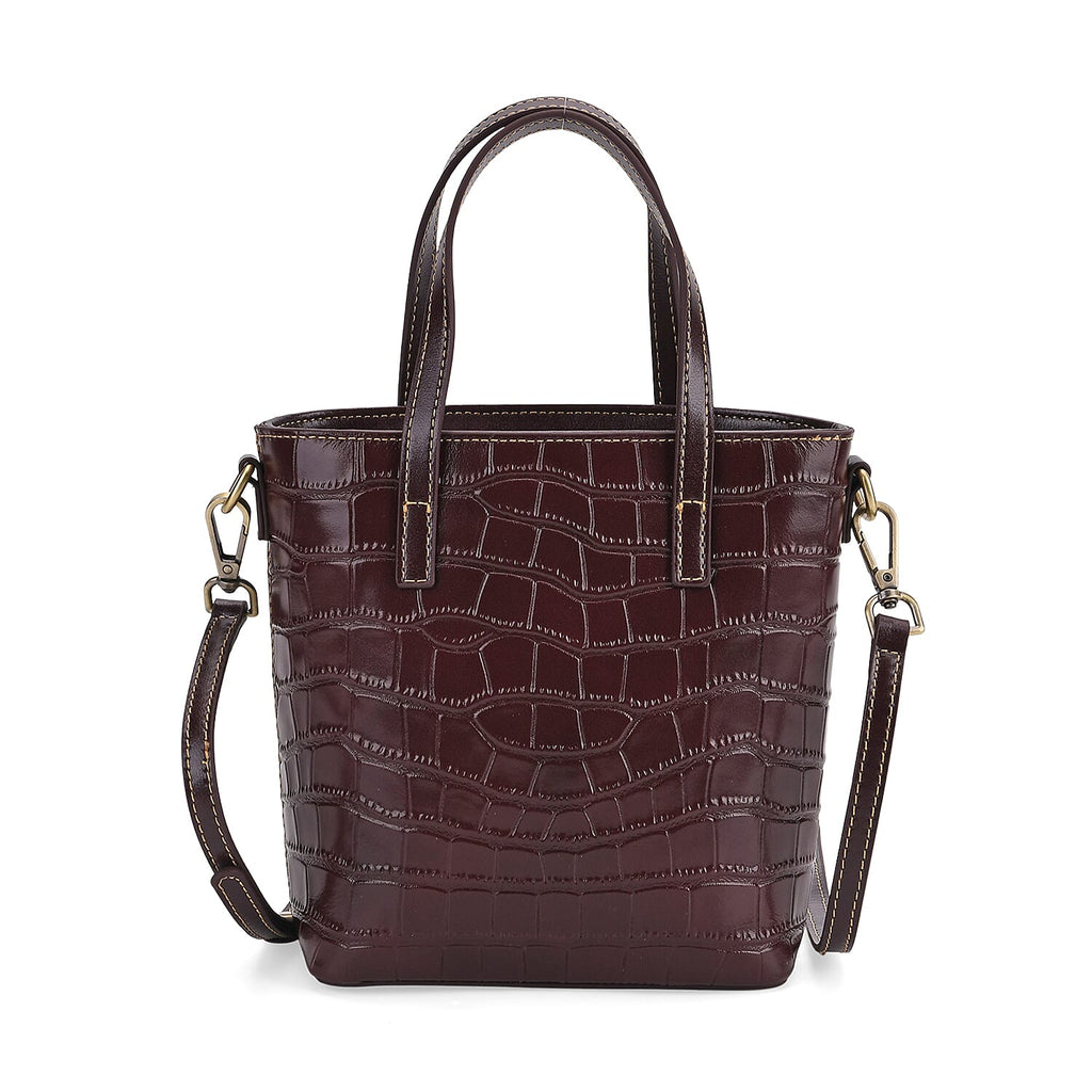 Crocodile Embossed Genuine Leather Crossbody Bag With Adjustable Shoulder Strap - Coffee