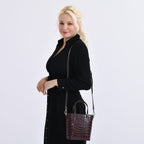 Crocodile Embossed Genuine Leather Crossbody Bag With Adjustable Shoulder Strap - Coffee