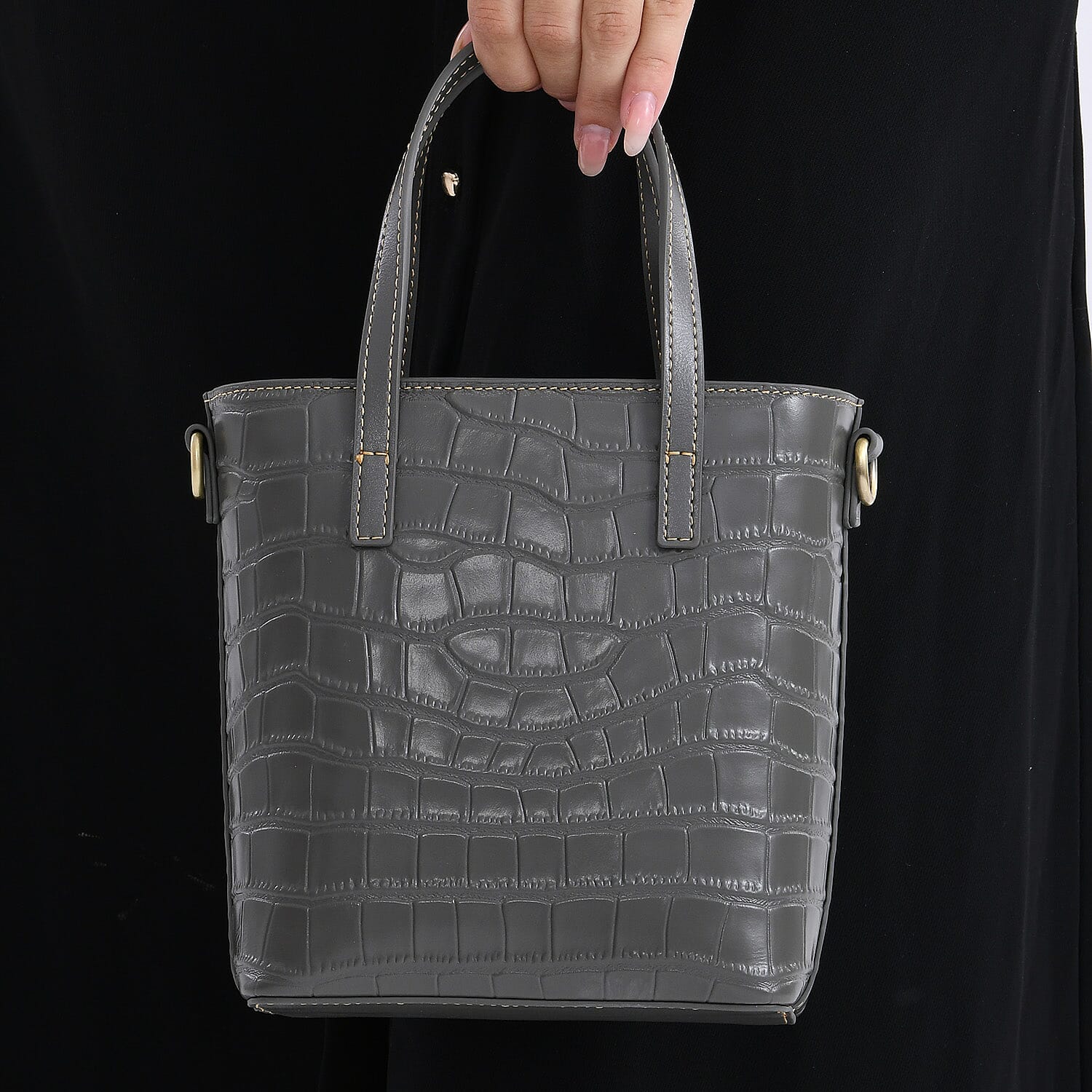 Crocodile Embossed Genuine Leather Crossbody Bag With Adjustable Shoulder Strap - Grey