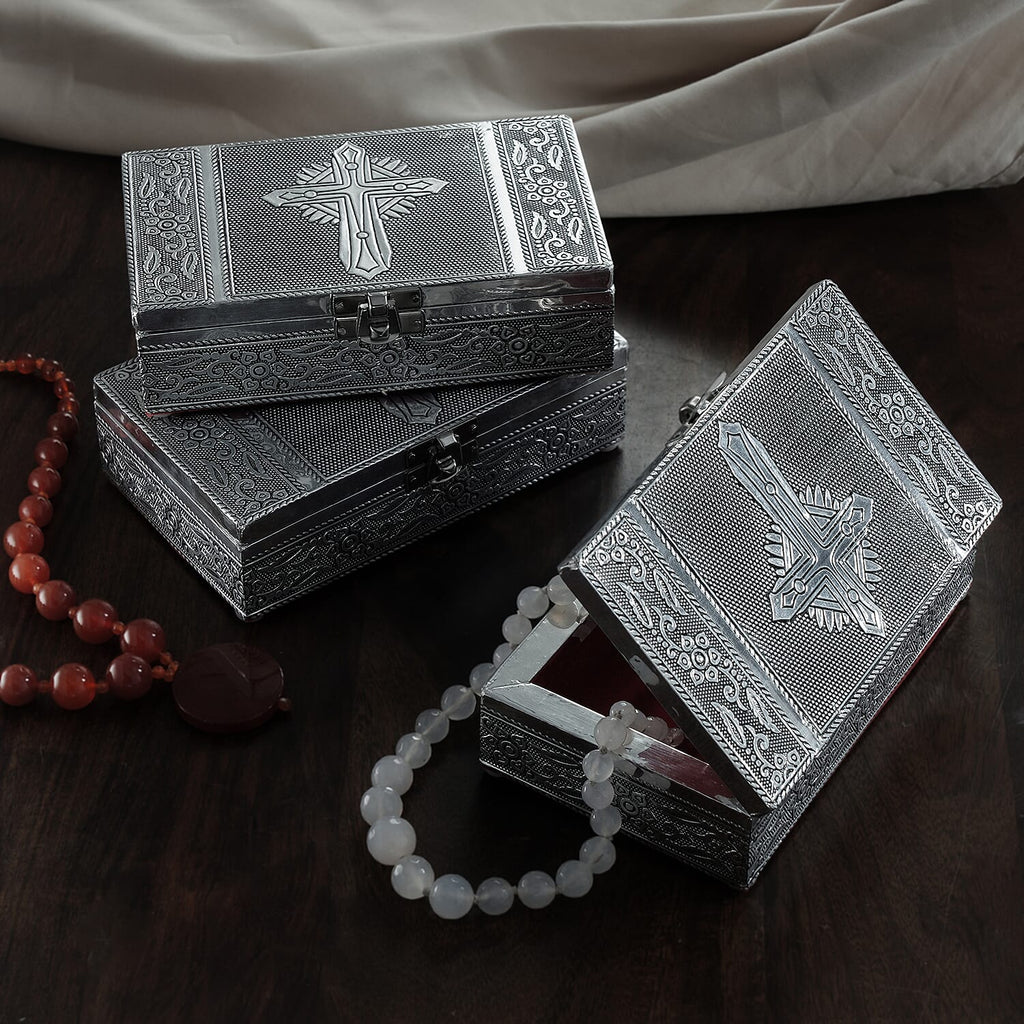 Set of 3 - Cross Embossed Rectangular Aluminium Oxidized Storage Boxes (Size 16.5x10x4 Inch) - Silver