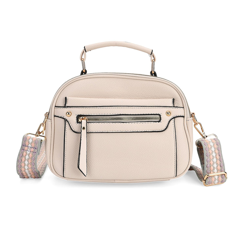 Structured Crossbody Bag with Patterned Strap - Beige