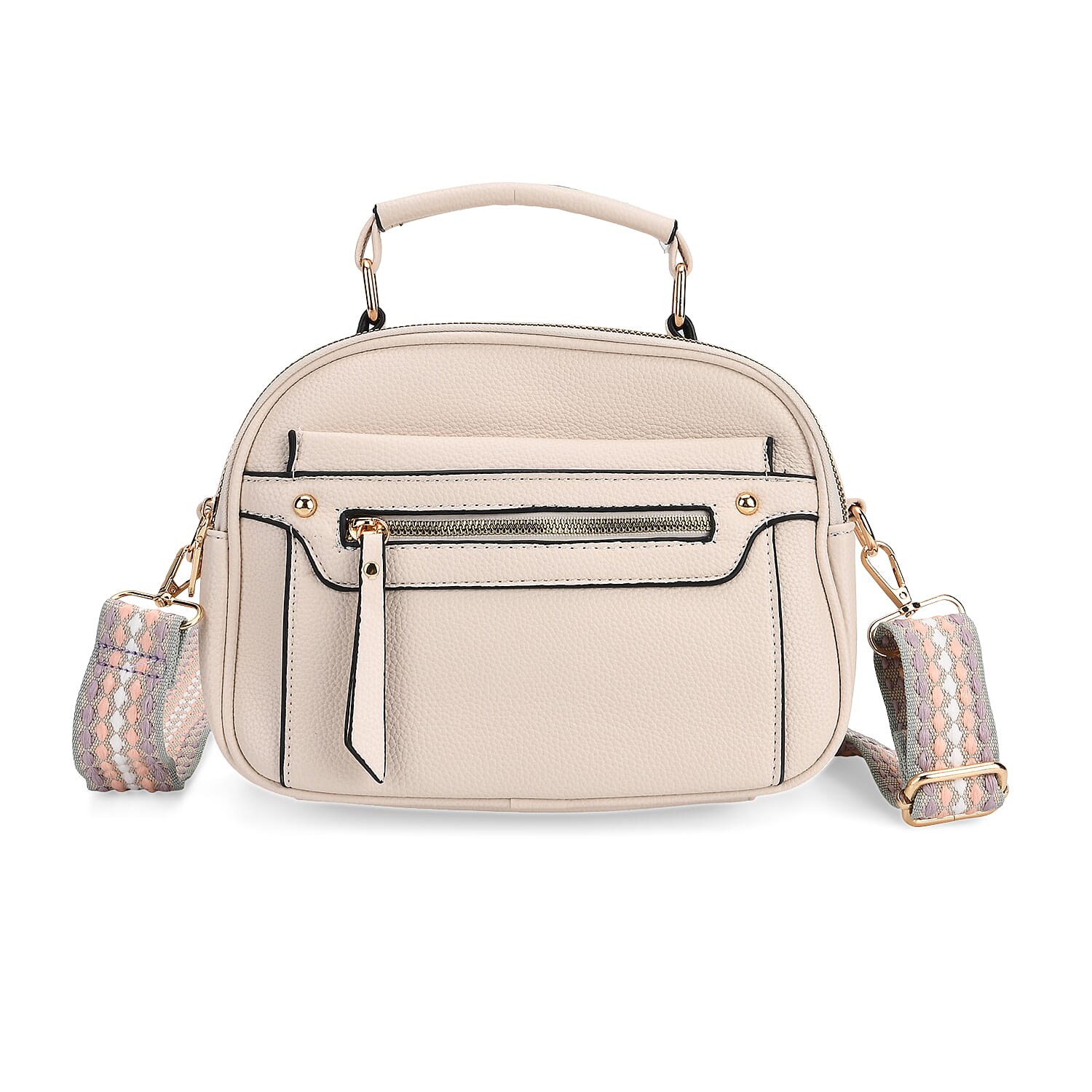 Structured Crossbody Bag with Patterned Strap - Beige