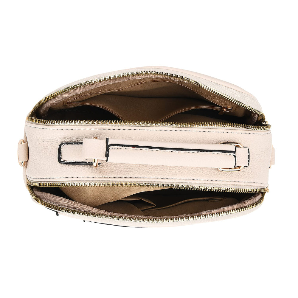Structured Crossbody Bag with Patterned Strap - Beige
