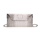 Designer Inspired - Embossed Genuine Leather Shoulder Bag with Long Chain - White & Beige