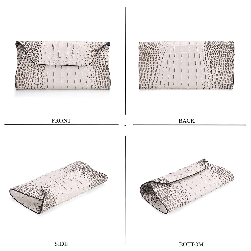 Designer Inspired - Embossed Genuine Leather Shoulder Bag with Long Chain - White & Beige