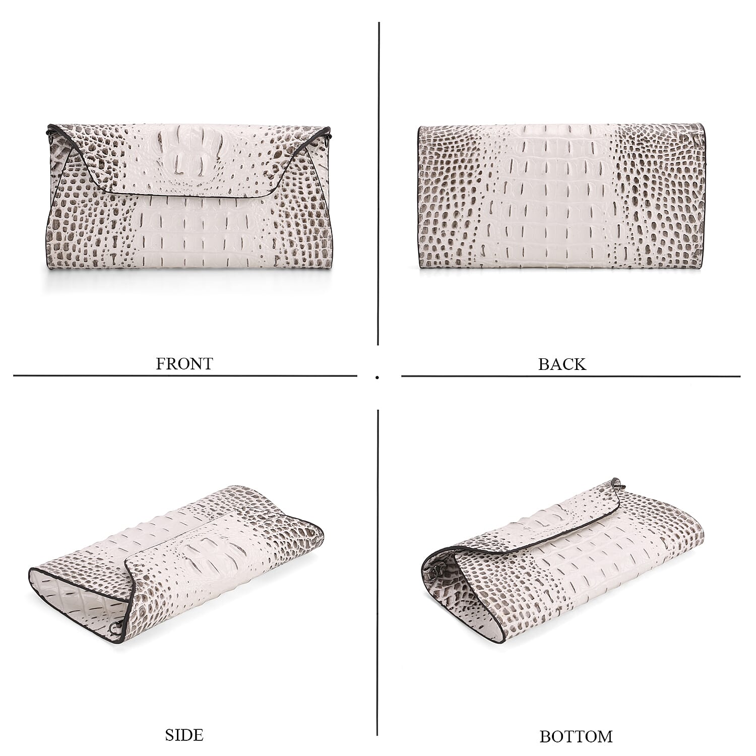 Designer Inspired - Embossed Genuine Leather Shoulder Bag with Long Chain - White & Beige