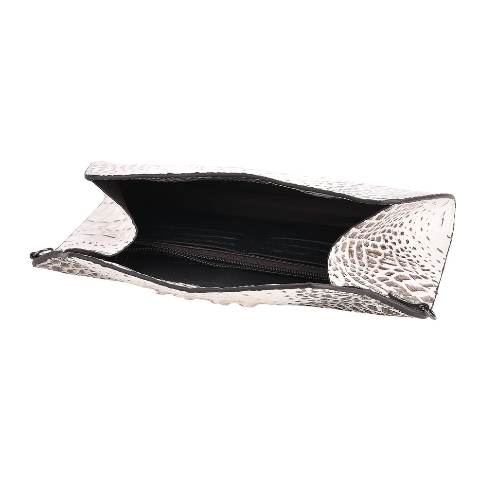 Designer Inspired - Embossed Genuine Leather Shoulder Bag with Long Chain - White & Beige