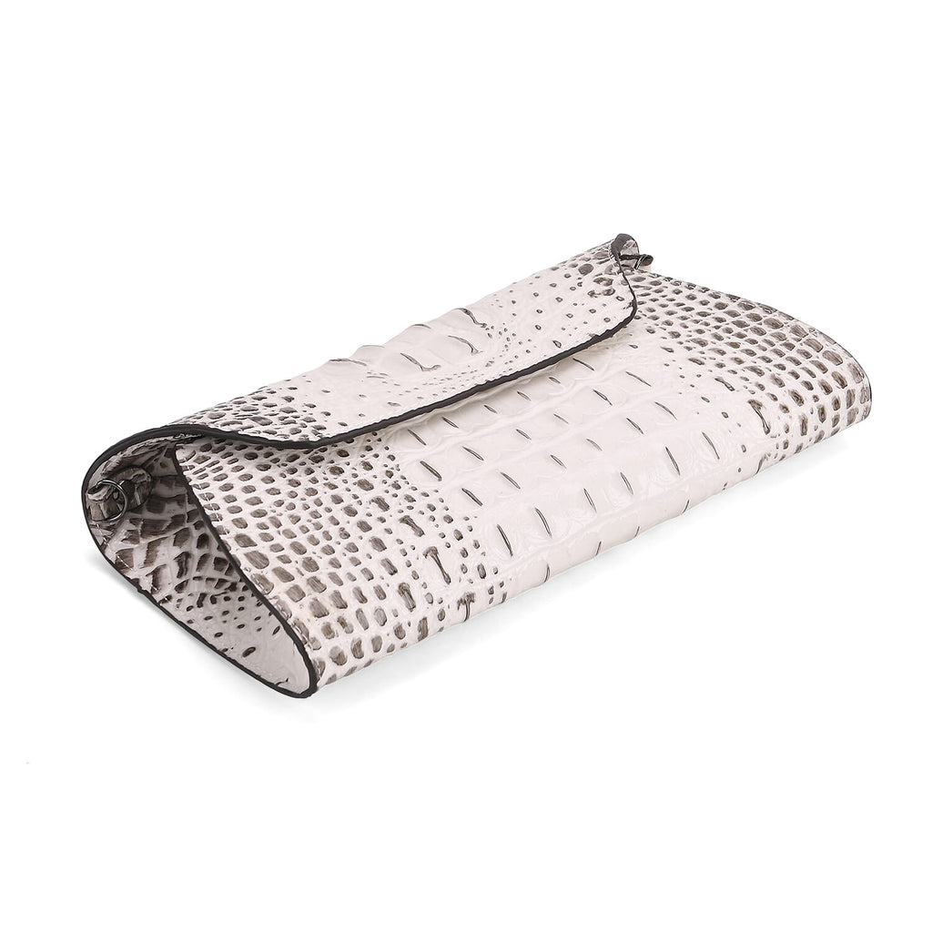 Designer Inspired - Embossed Genuine Leather Shoulder Bag with Long Chain - White & Beige