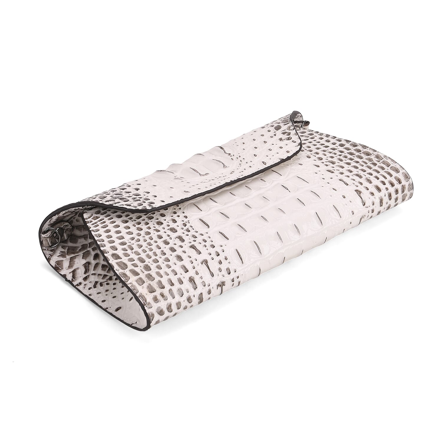 Designer Inspired - Embossed Genuine Leather Shoulder Bag with Long Chain - White & Beige
