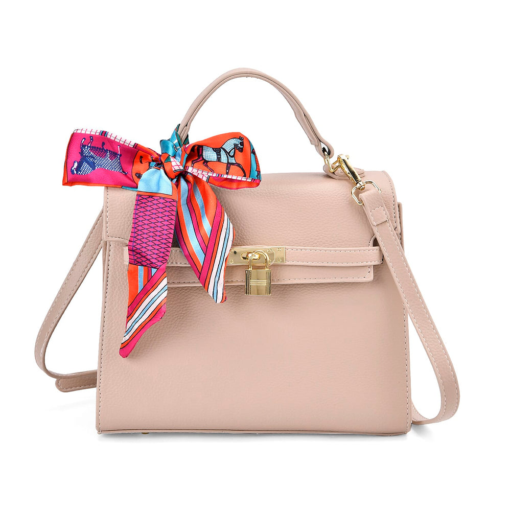 Kelly-Style Shoulder Bag with Scarf Accent & Adjustable Strap - Beige