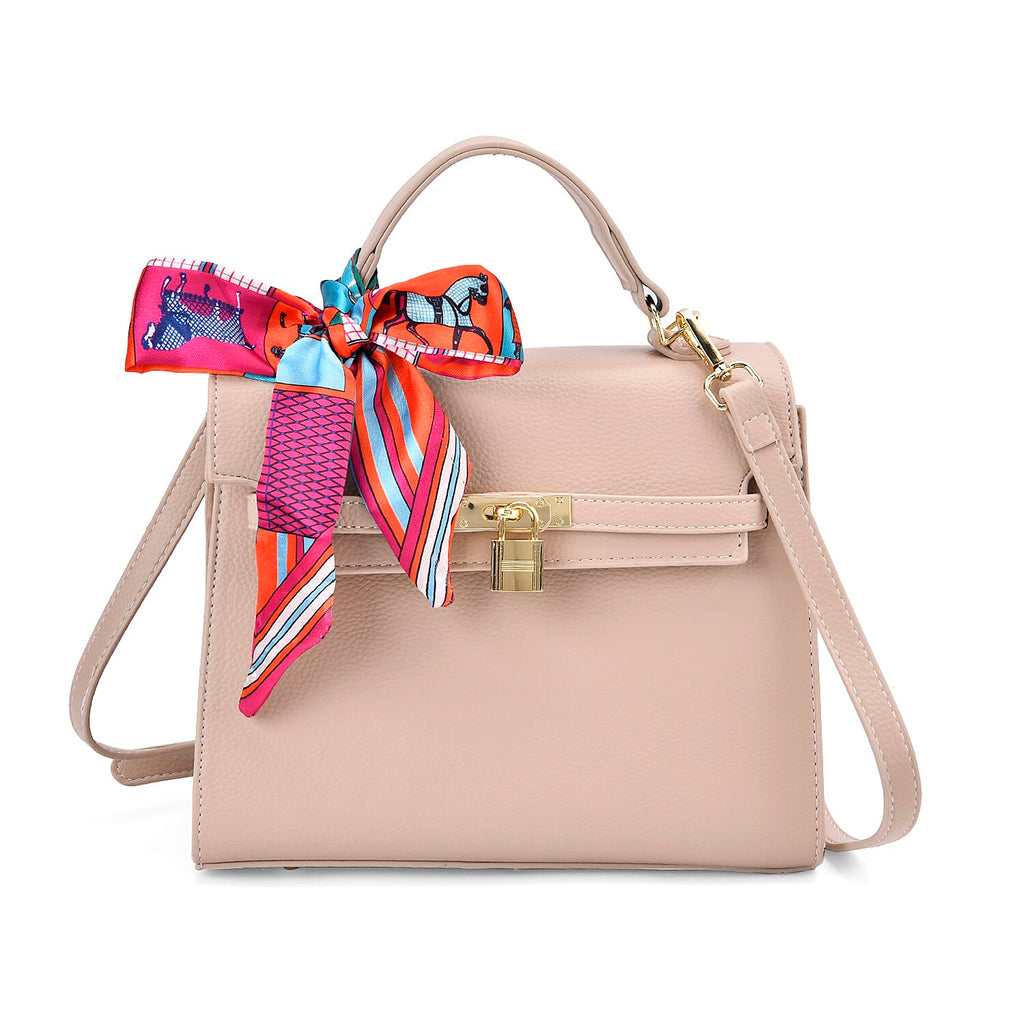 Kelly-Style Shoulder Bag with Scarf Accent & Adjustable Strap - Beige