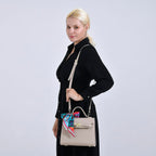 Kelly-Style Shoulder Bag with Scarf Accent & Adjustable Strap - Beige