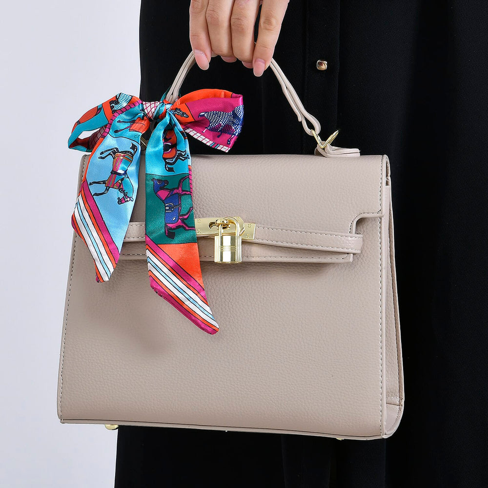 Kelly-Style Shoulder Bag with Scarf Accent & Adjustable Strap - Beige