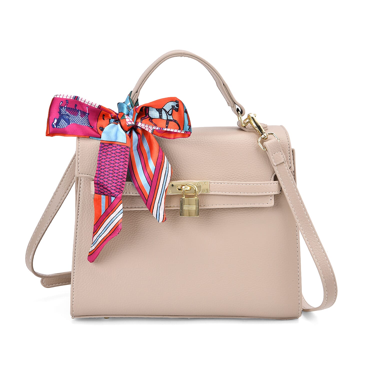 Elegant Crossbody Bag with Scarf & Adjustable Strap - Beige