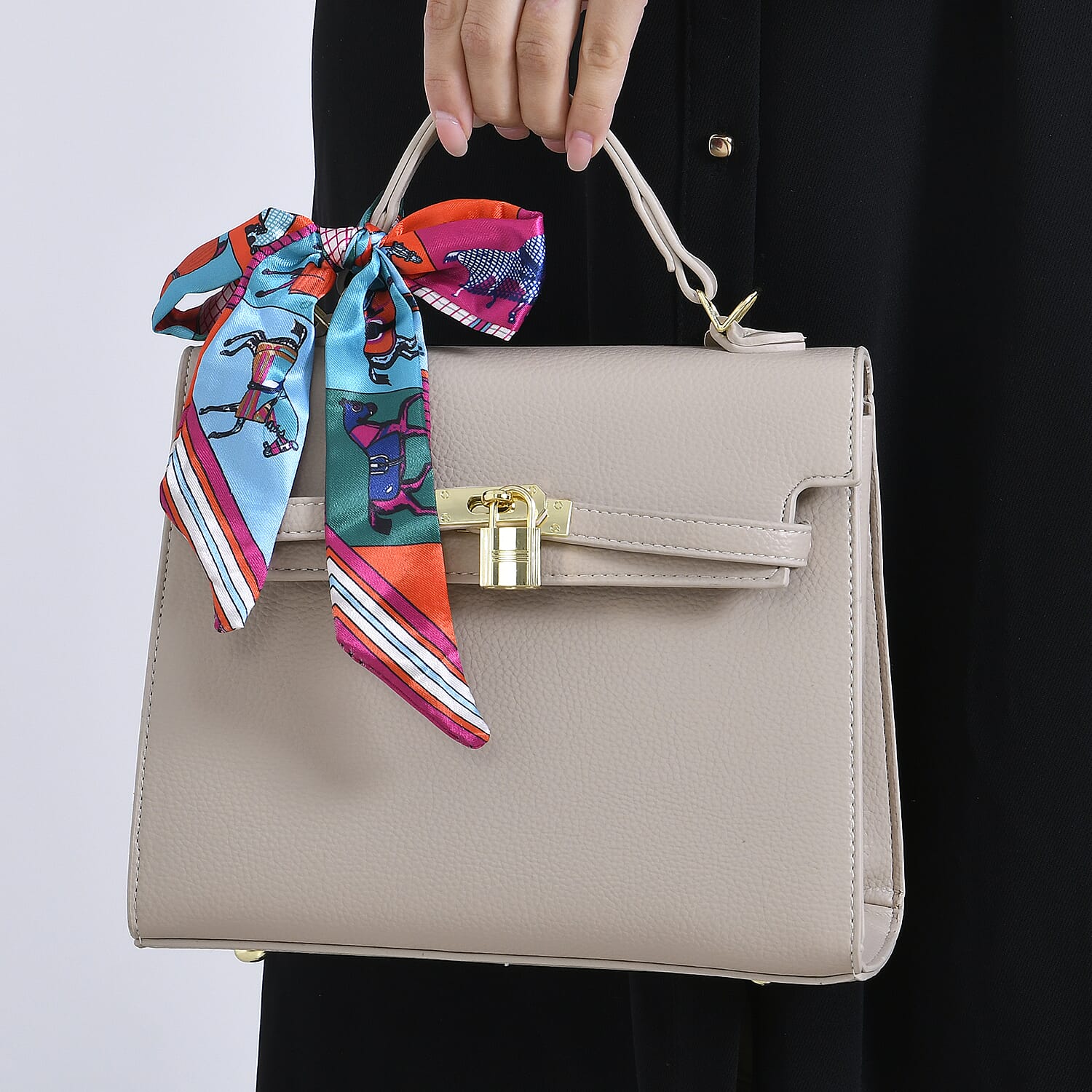 Elegant Crossbody Bag with Scarf & Adjustable Strap - Beige