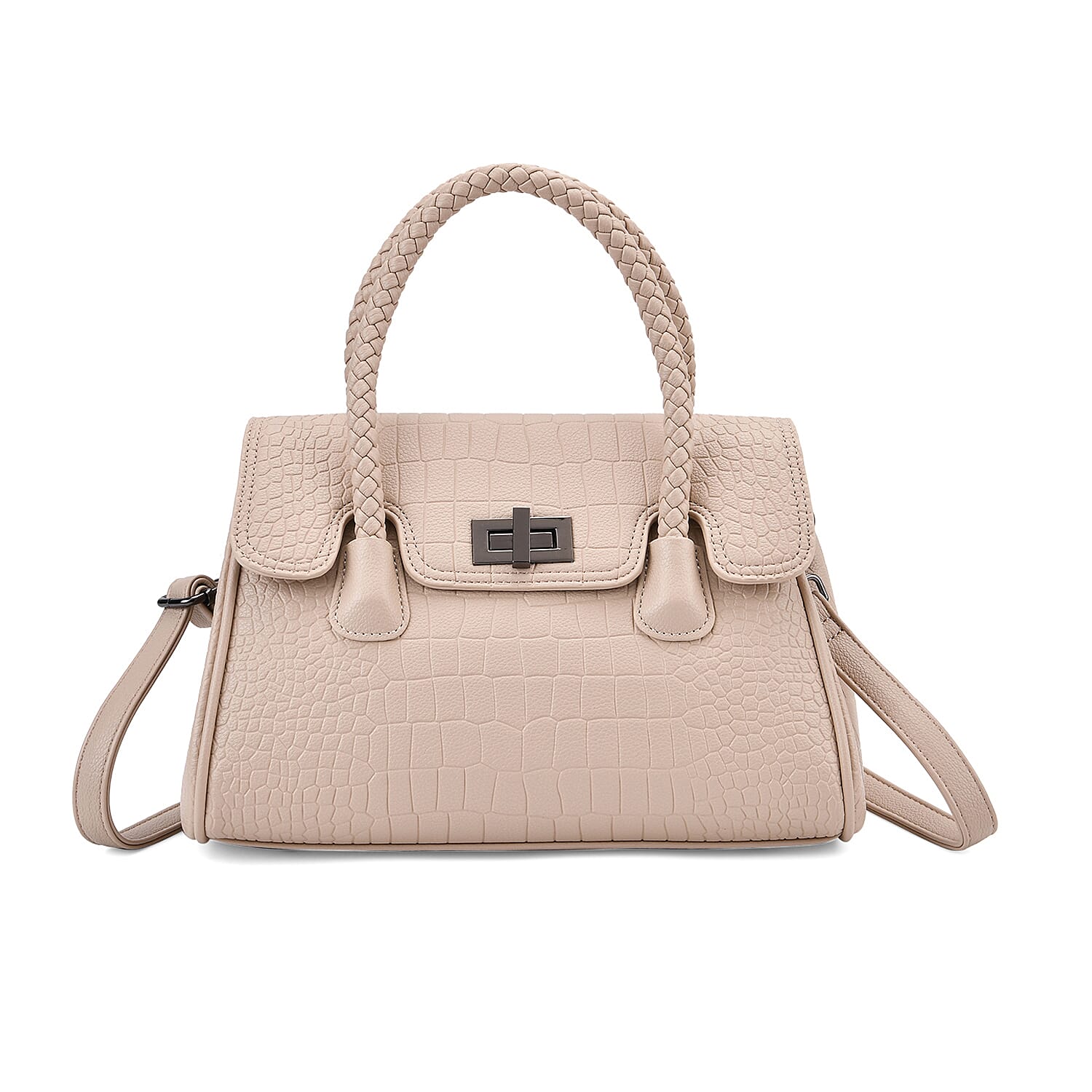 Croc Embossed Crossbody Bag with Lock & Top Handle - Beige
