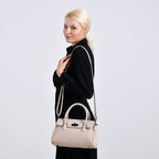 Croc Embossed Crossbody Bag with Lock & Top Handle - Beige