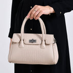 Croc Embossed Crossbody Bag with Lock & Top Handle - Beige