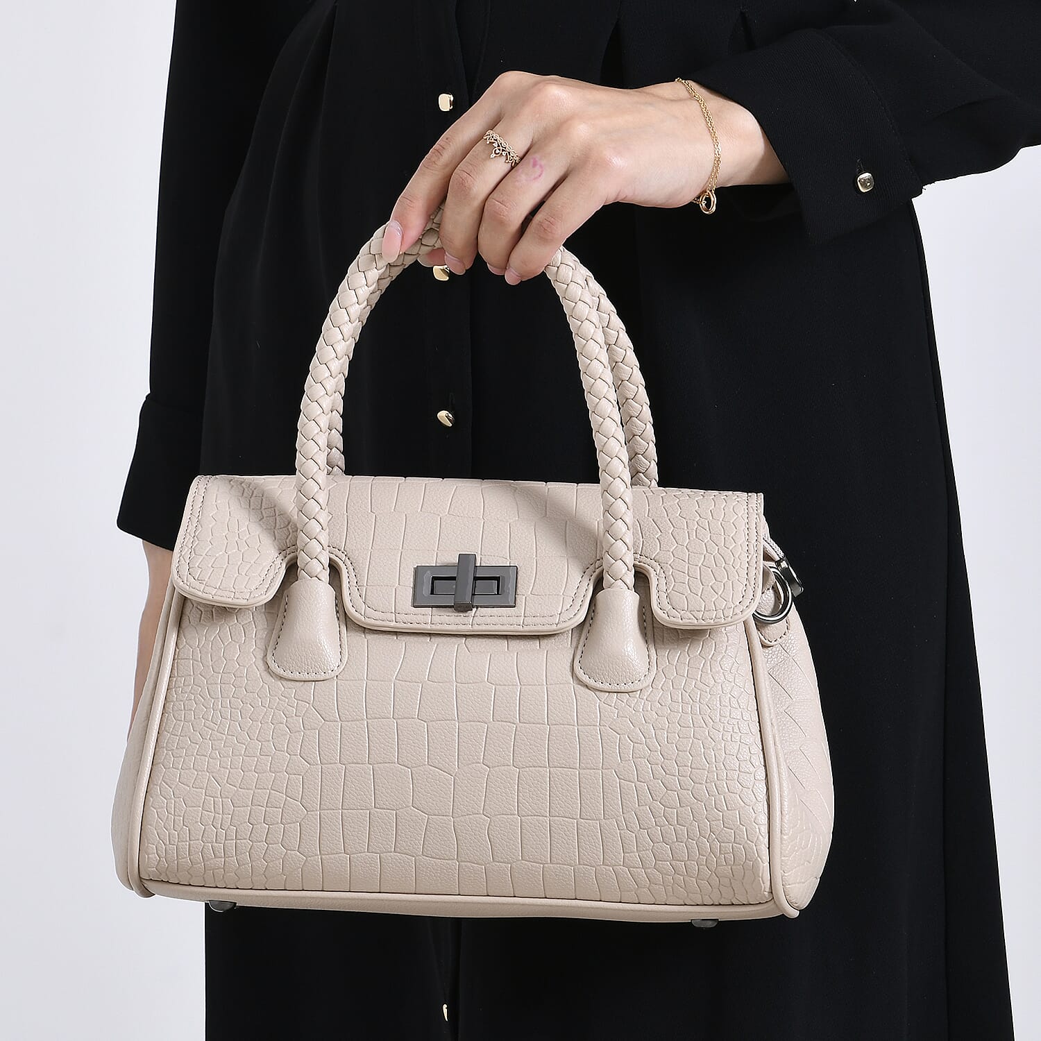 Croc Embossed Crossbody Bag with Lock & Top Handle - Beige
