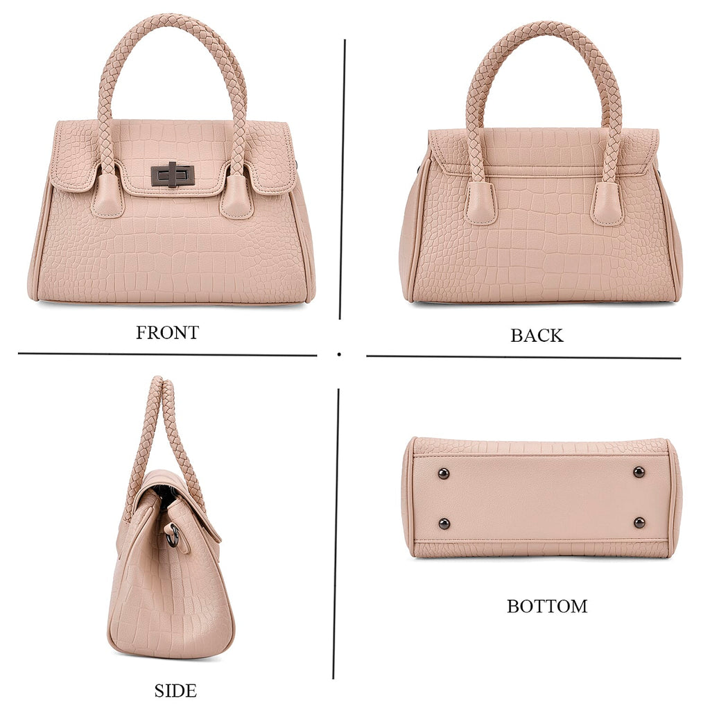 Croc Embossed Crossbody Bag with Lock & Top Handle - Beige