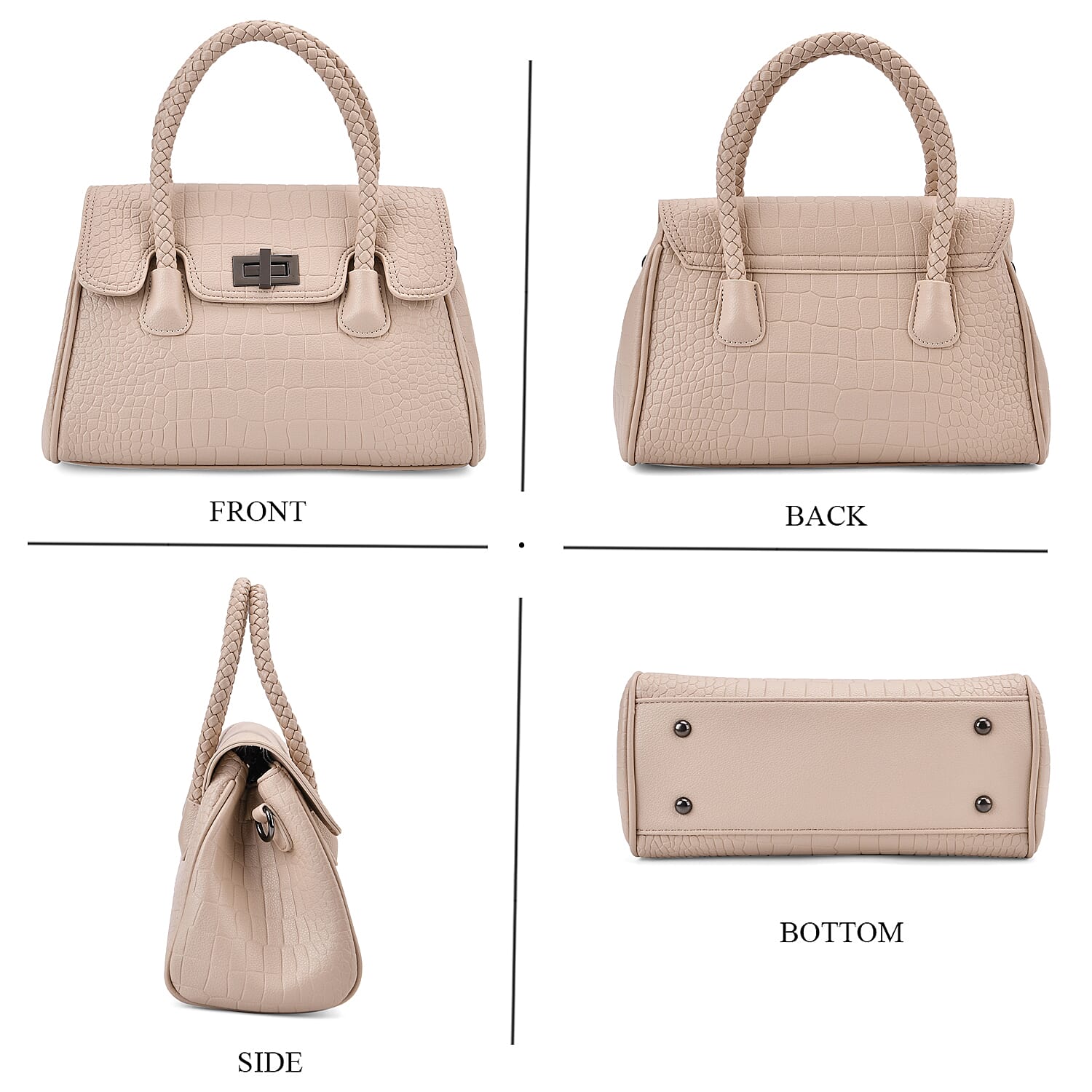Croc Embossed Crossbody Bag with Lock & Top Handle - Beige